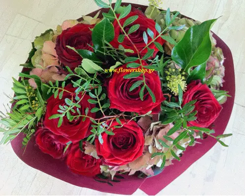 Red roses bouquet (10)stems  A' quality Dutch  gift wrapped with greens and hydrangeas !!!