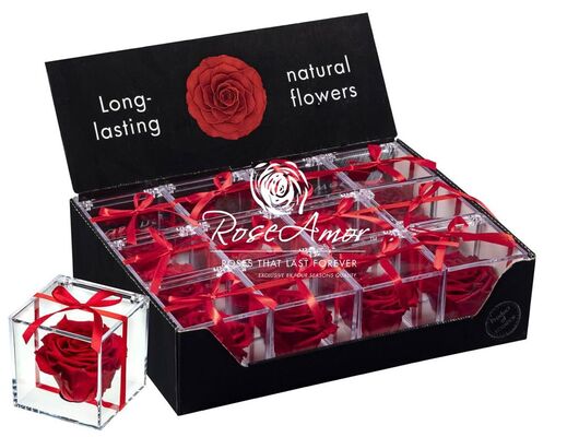Αγίου Βαλεντίνου. Σετ 3 τεμάχια από βαλσαμωμλενα τριαντάφυλλα. (1) display box (1) plexi glass cube & (1) jewel case