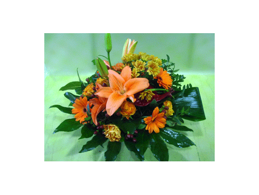 Metal pot with orange flowers
