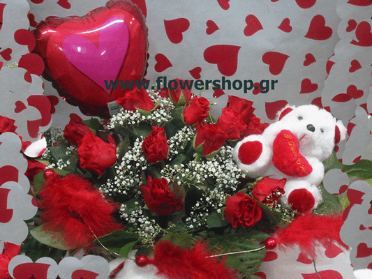 (25) Red roses in basket  + balloon + bear