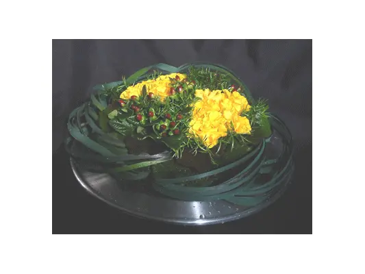 Arrangement on aluminum tray.Grouped flowers!!!