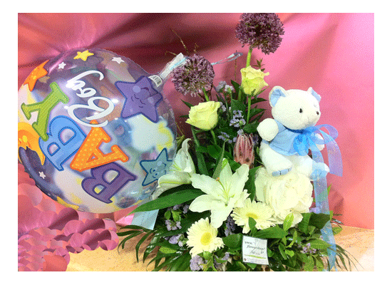 Ceramic pot with flowers teddy bear and helium balloon