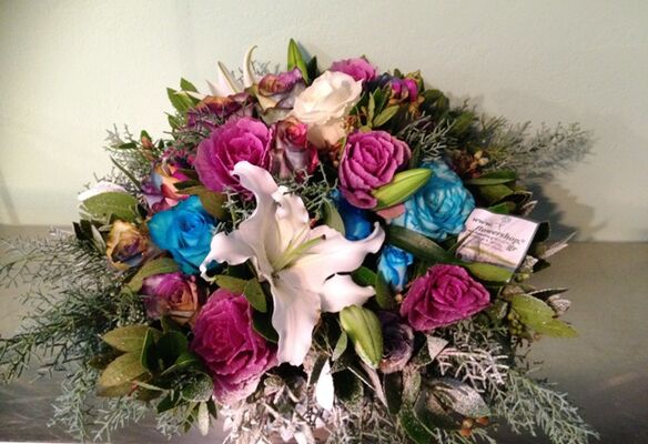Winter basket with white & blue elegant flowers