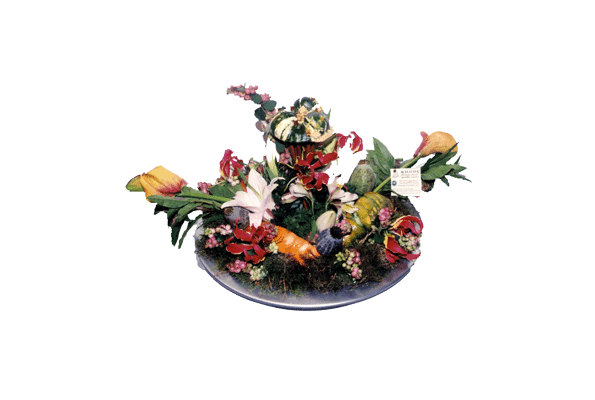 Arrangement on tray.Tropic flowers & fruits!!!