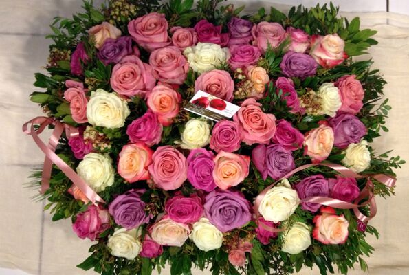 Big headed ecuadorian (best in the world) roses basket (50+ stems) with greens !!! (mixed colors)