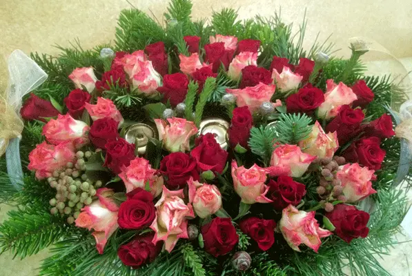 Flowers Roses & Candles in basket