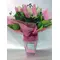 Tulips (20) stems in glass vase with decorative sand layers!!! Pinky.