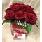 Valentine Red Roses in Glass (cube or round) (16) heads Extra Quality. Decorated with sand & colored gel.