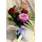 Mixed colored roses (5) stems in vase with colored water and gel.