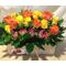 Mixed colored roses in wooden pot. (21) stems.
