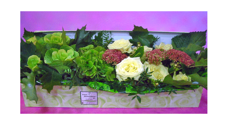 Flower arrangement in big design carton box